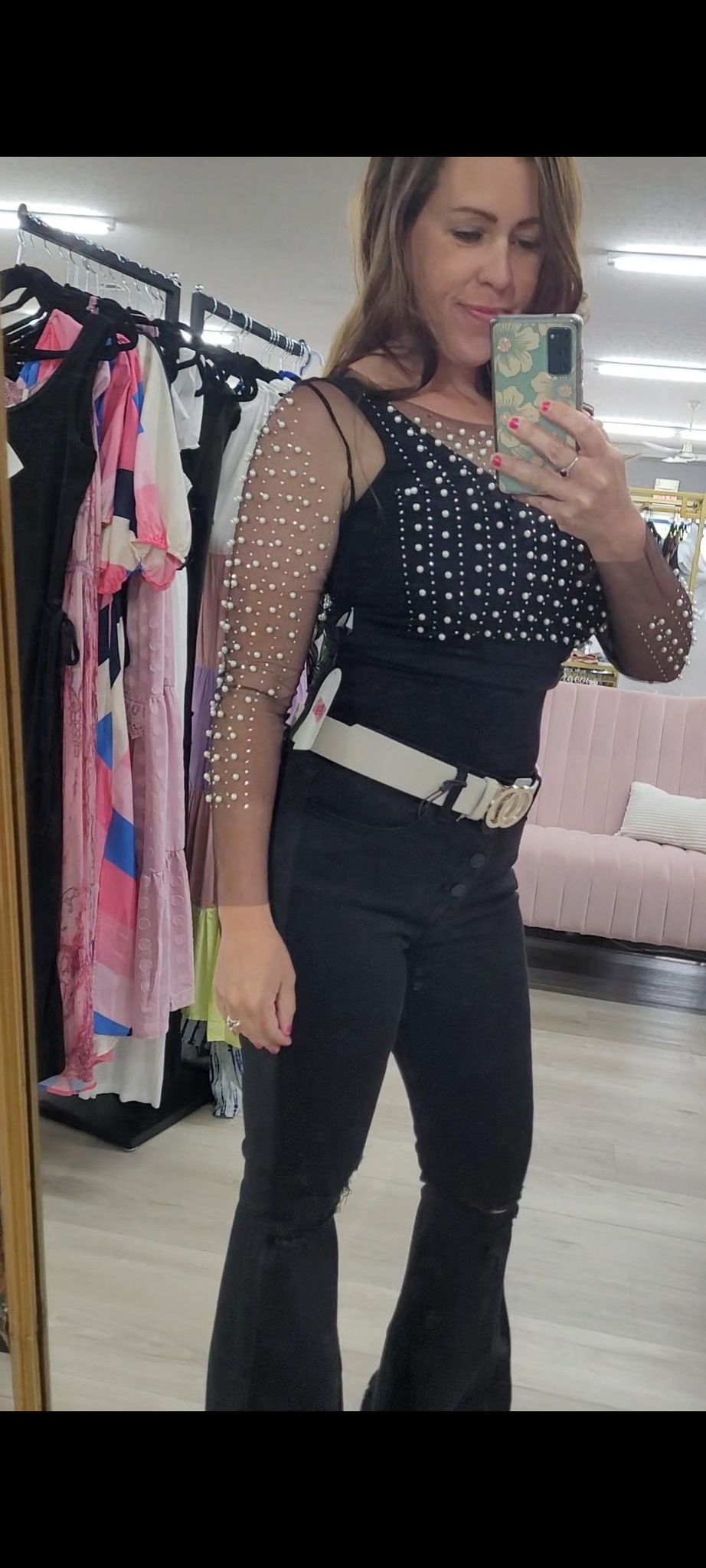 Zenana Black Distressed High Rise Button Bell Bottom Jeans