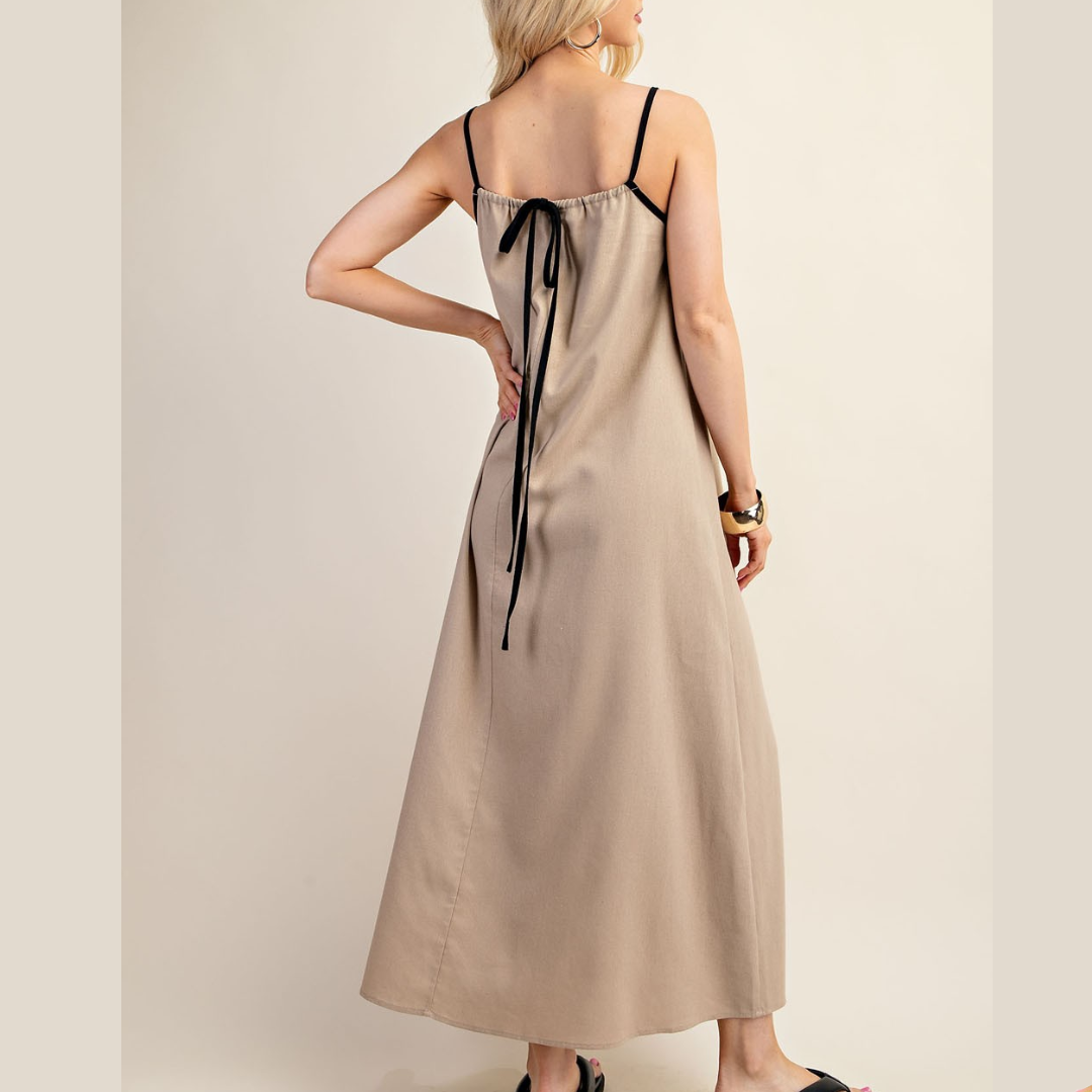 Contrast Linen Midi Dress With Spaghetti Straps Teal / Small Contrast Linen Midi Dress With Spaghetti Straps Teal / Small