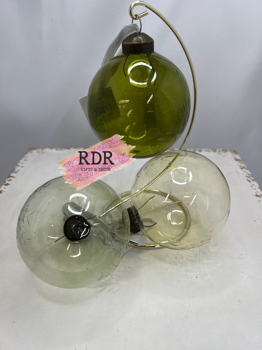 3 Inch Round Glass Ornament w/Etched Snowflake