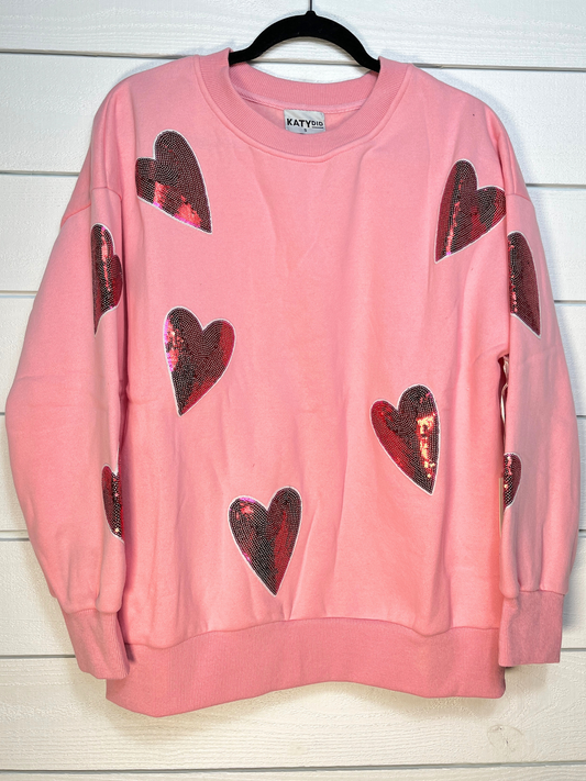 White & Pink Sweatshirt With Sequin Heart Patches