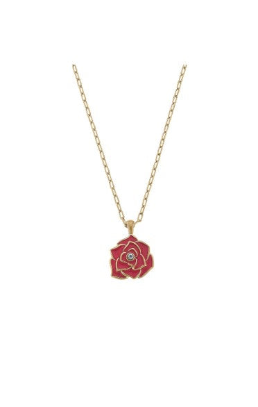 Isabella Pink Rose Pendant Gold Link Necklace