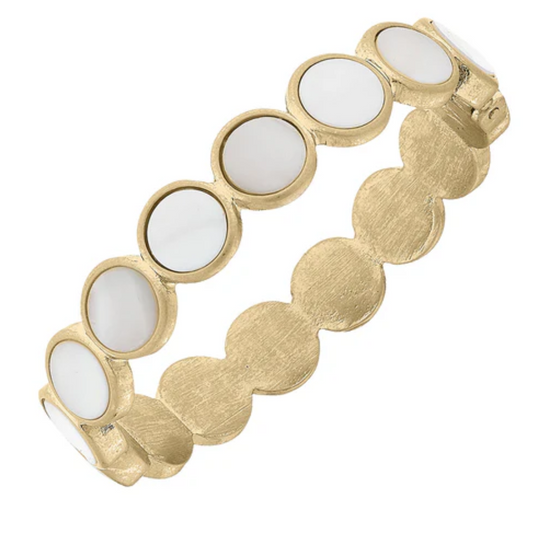 New Bethany Disc Mother of Pearl Hinge Bangle in Worn Gold
