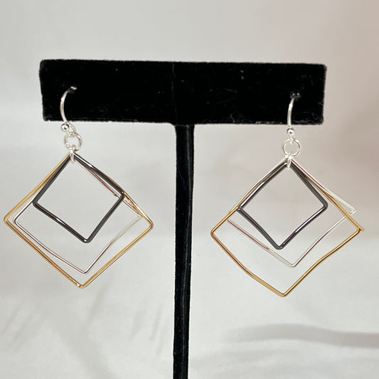 Whispers Triple Square Dangle Earrings- Mixed Metal