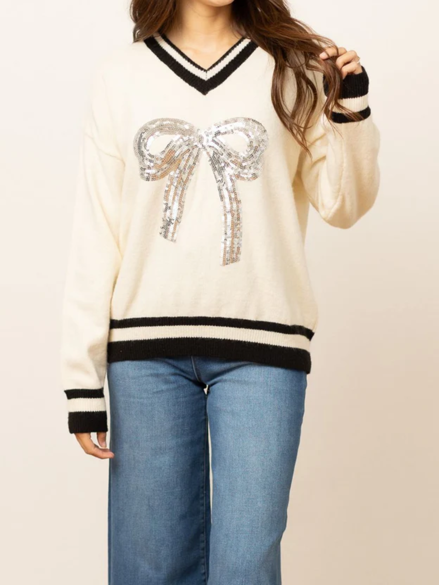 Southern Grace Cream Varsity Sweater With Silver Bow