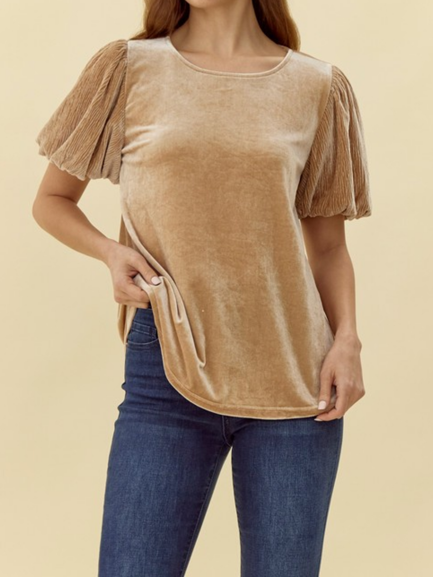 Velvet Wrinkle Short Puffed Sleeves Top