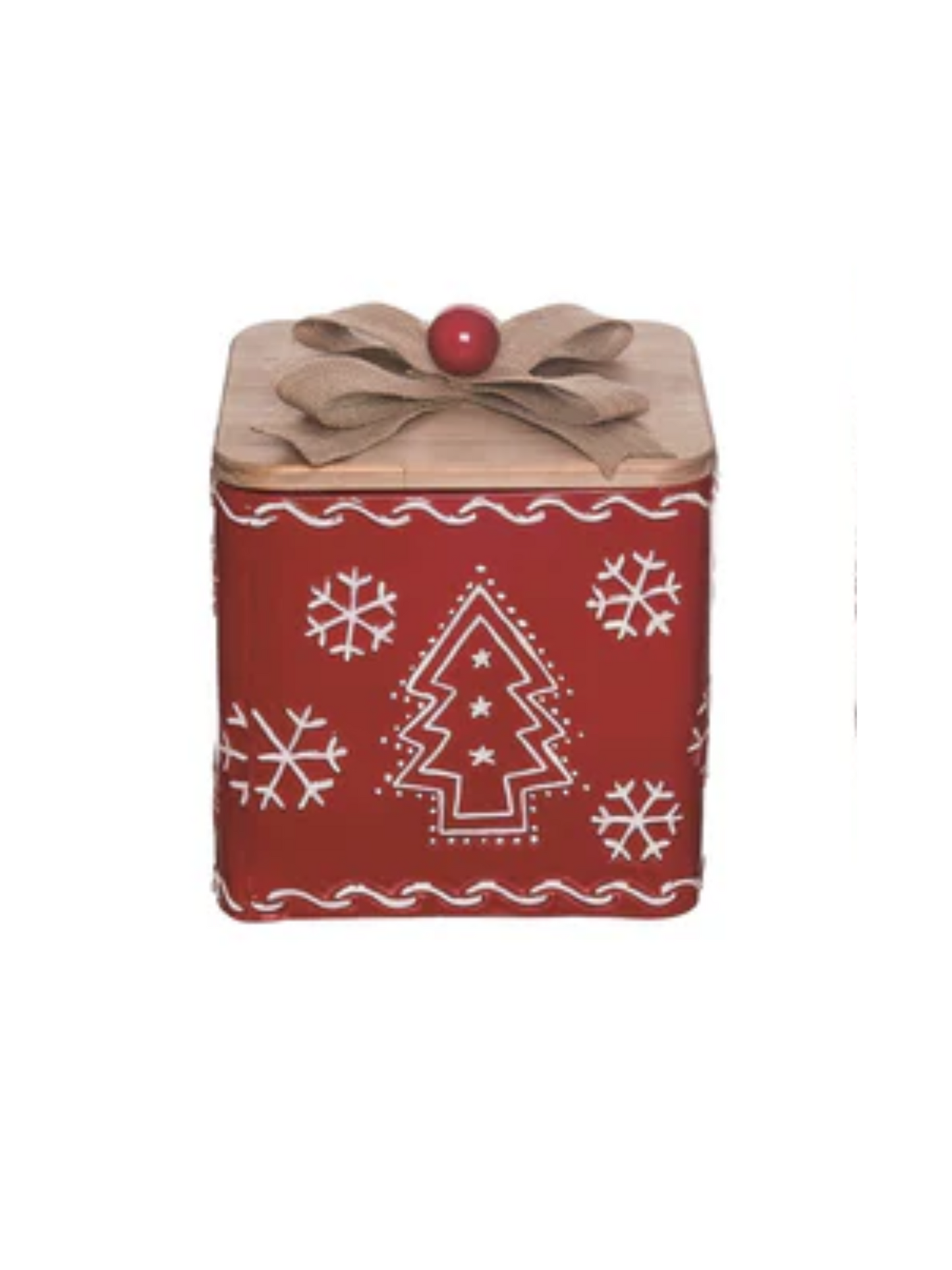 Red Metal Christmas Box With Wooden Lid