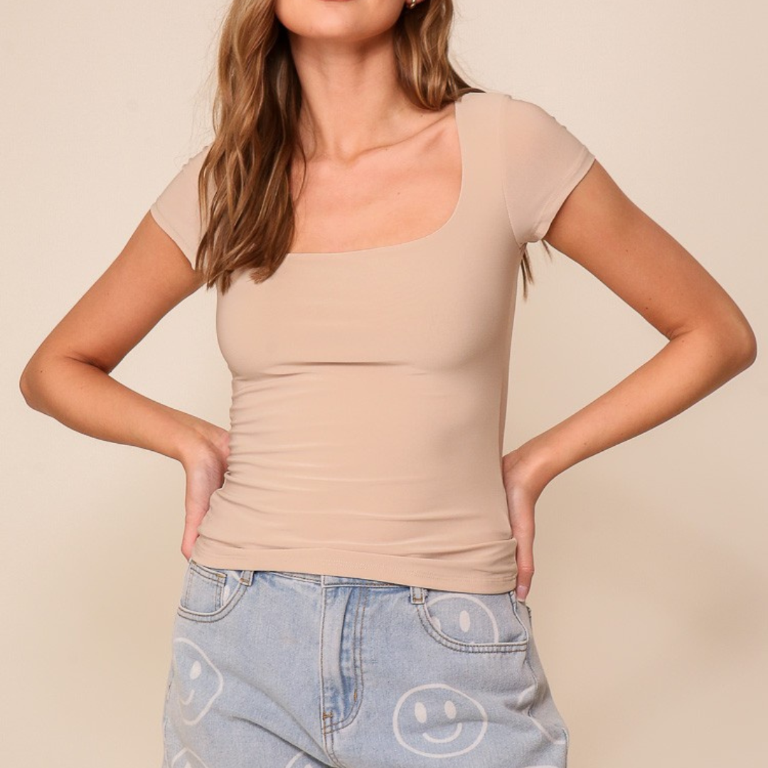 Beige Short Sleeve Square Neck Top