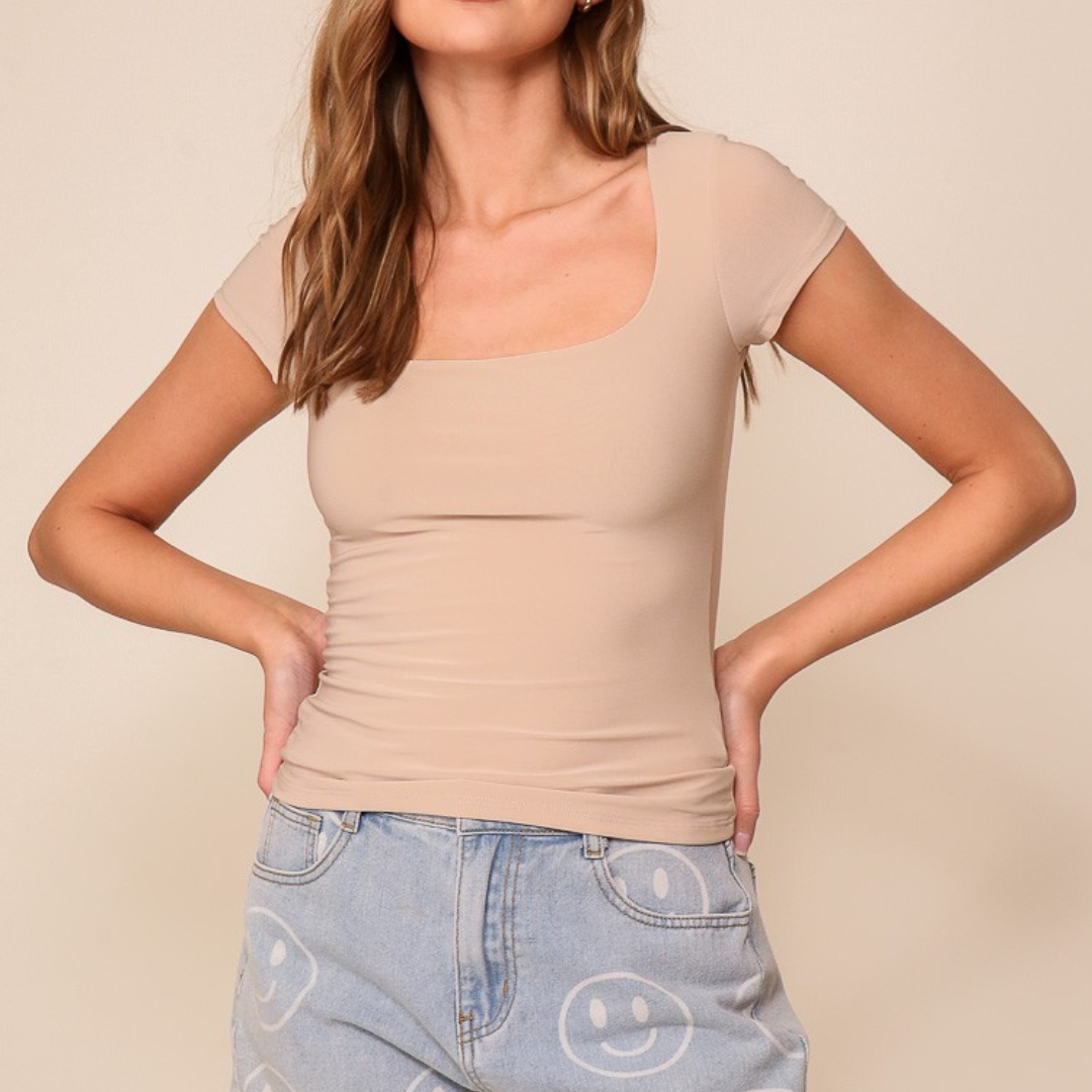 Beige Short Sleeve Square Neck Top – Rachelle Danielle Rose Gifts