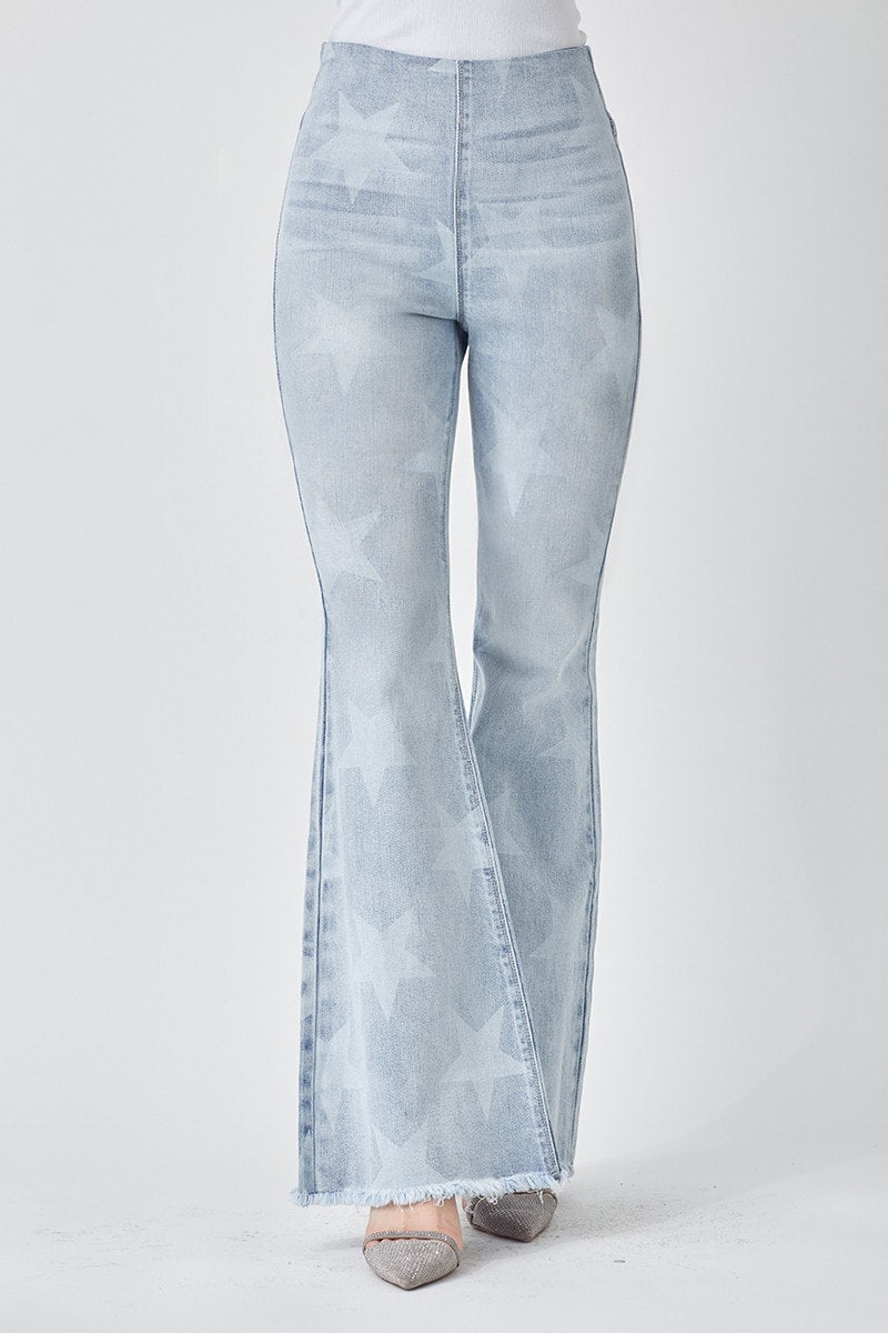 Risen Star Patterned Pull On Flare Jeans