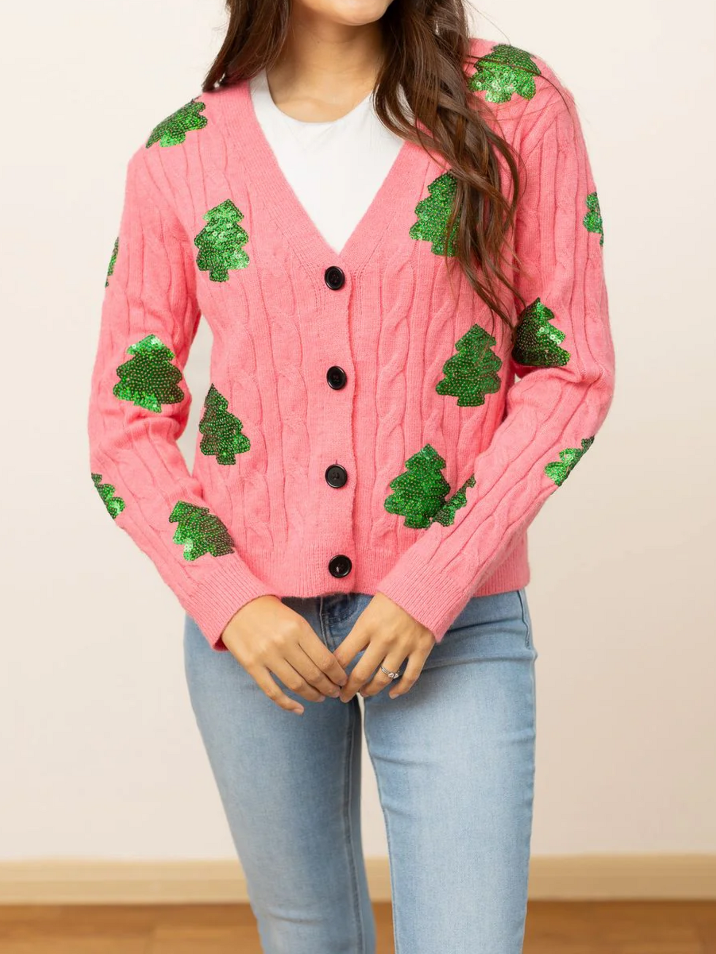 Southern Grace Pink Cardigan With Sequin Trees
