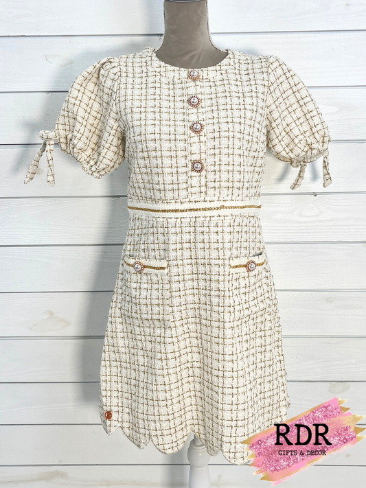 Simply Southern Tweed Dress With Scalloped Bottom & Pearl Detail