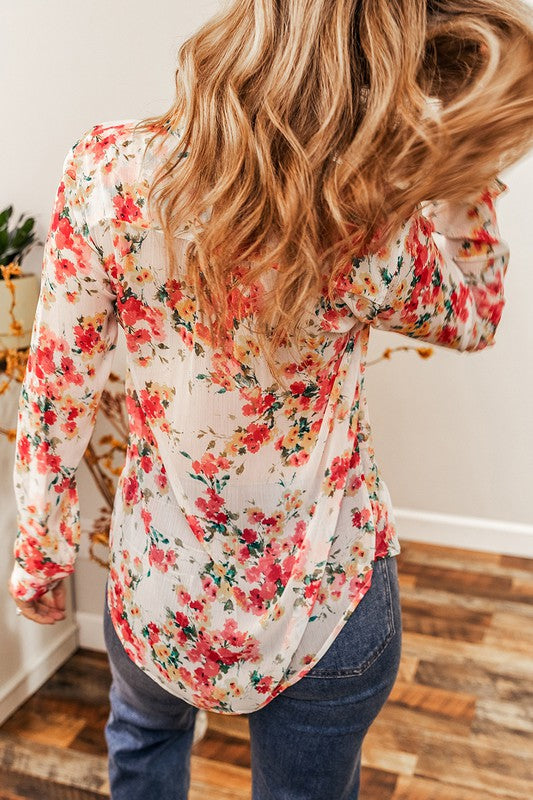 White Vibrant Floral Print Chest Pocket Shirt