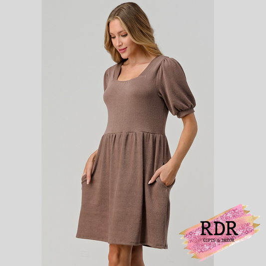 Mocha Square Neck Dress with Puff Sleeve