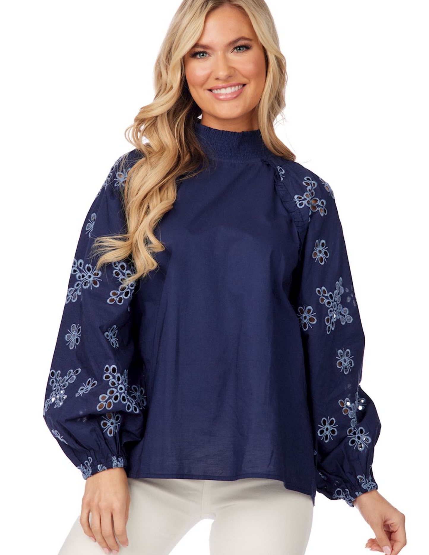 Mud Pie Women's Navy Emilia Eyelet Long Sleeve Top