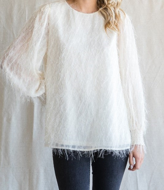 Cream Eyelash Textured Bubble Sleeve Top