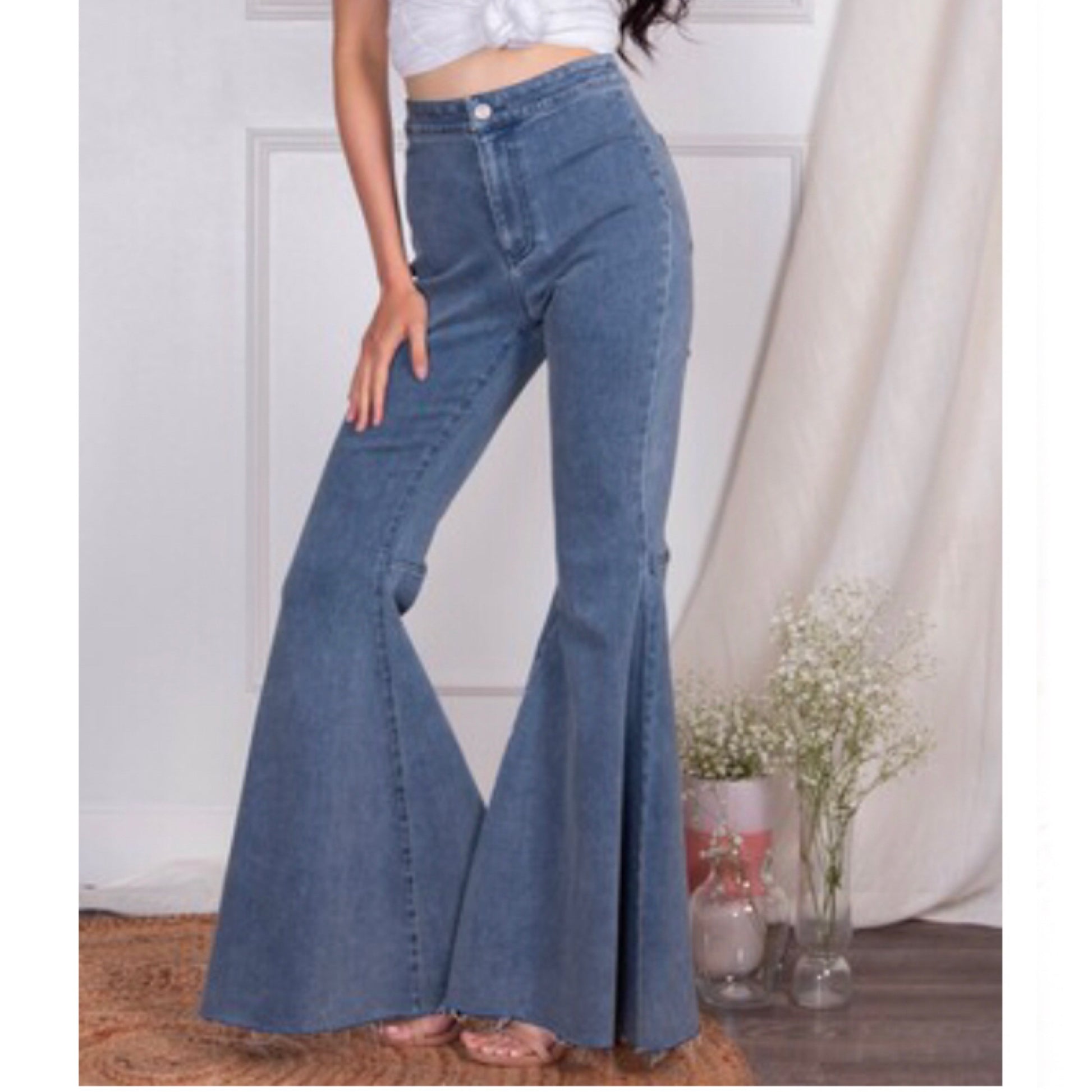 Medium Wash Stretch Denim Super Flare Jeans