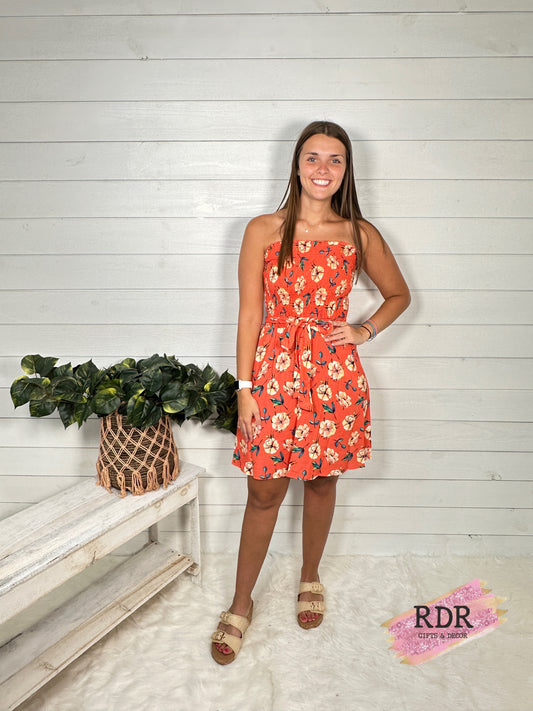 Coral Tropical Smocked Tube Top Dress with Belt