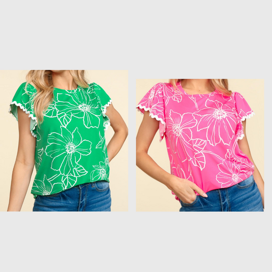 Large Floral Print Flutter Sleeve Top With Ric Rac Trim
