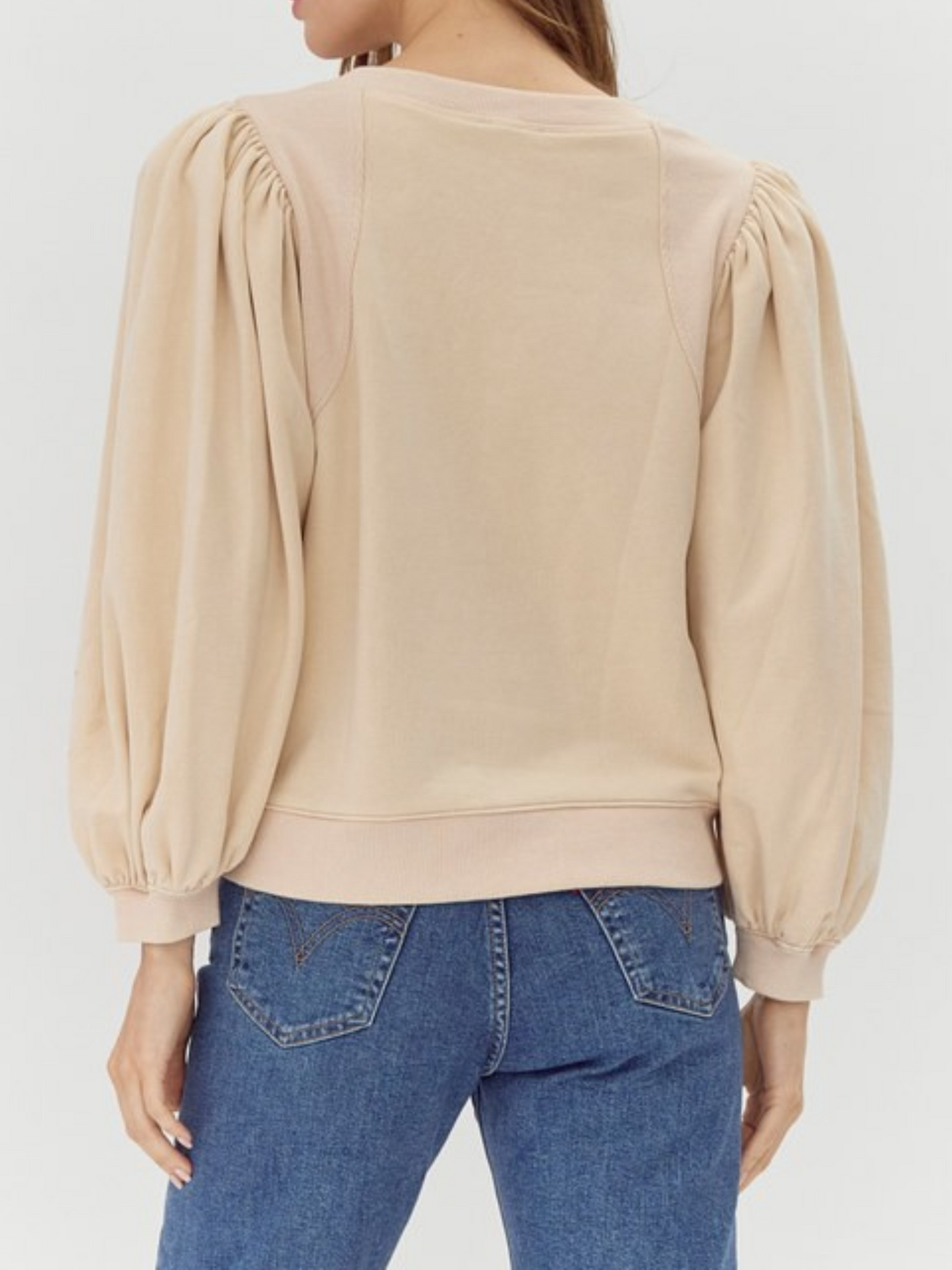 Cream Top With U-Neck & Puff Sleeves