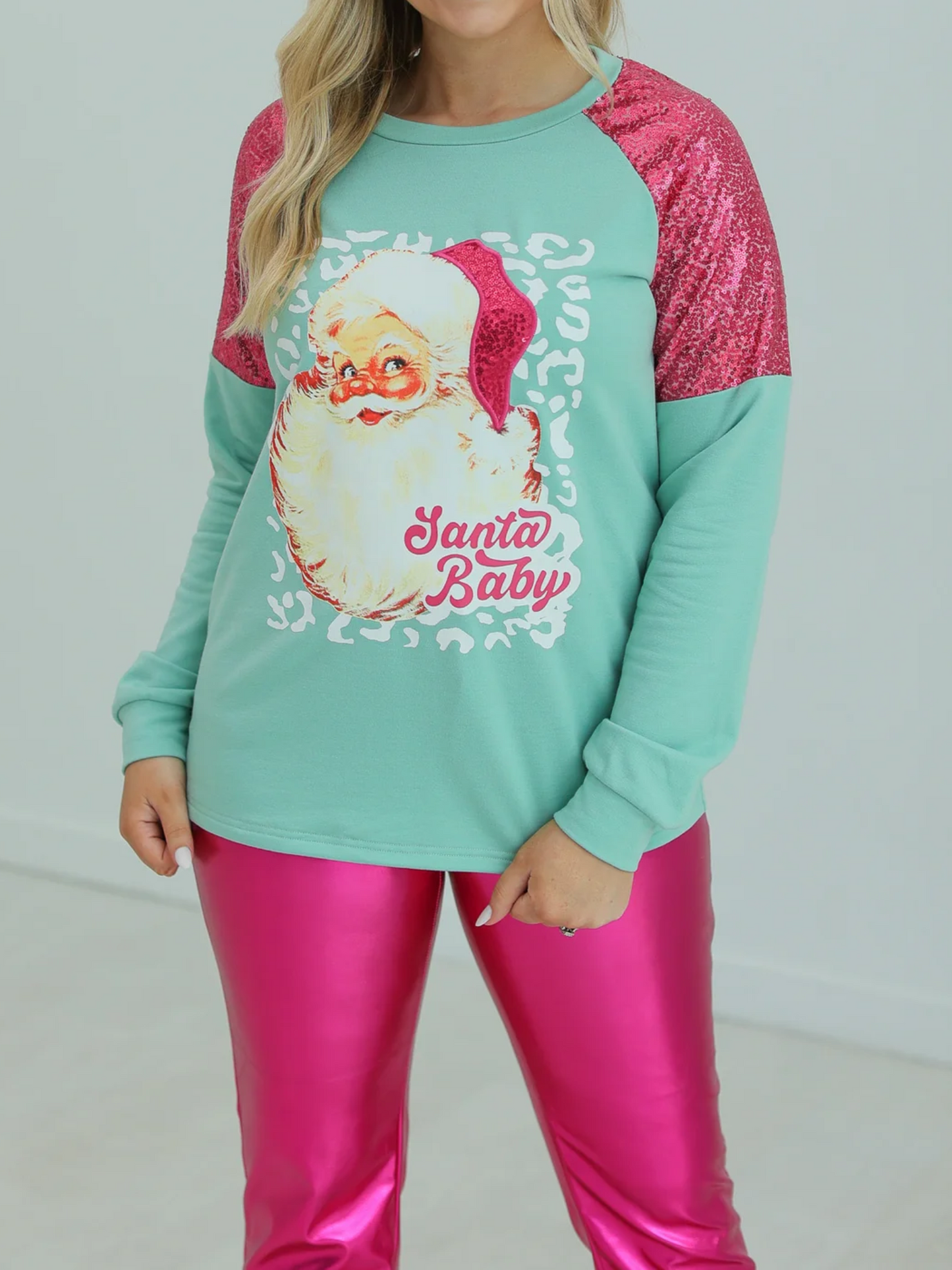 Southern Grace Turquoise Santa Baby Sweatshirt With Sequin Shoulders