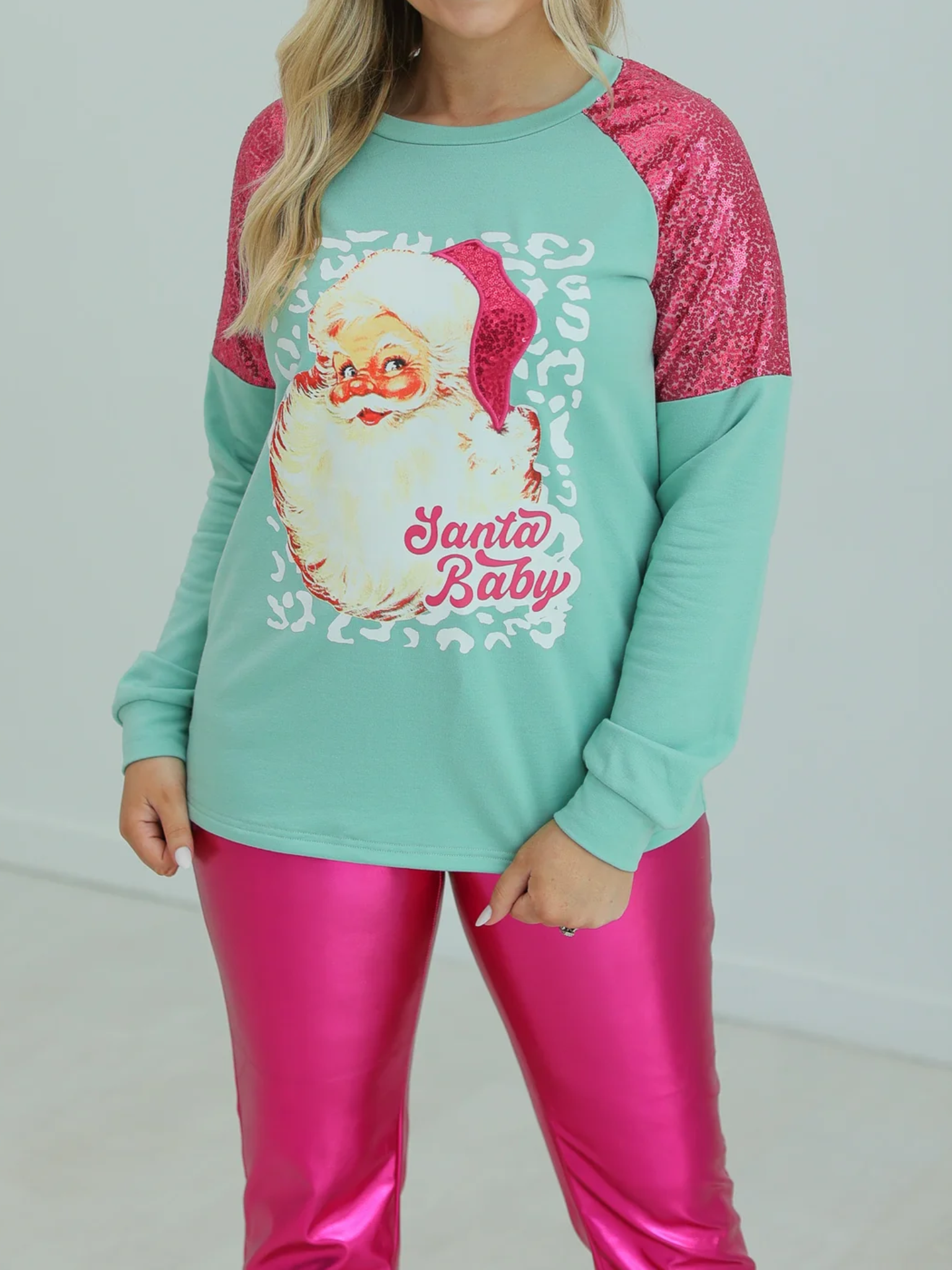 Southern Grace Turquoise Santa Baby Sweatshirt With Sequin Shoulders