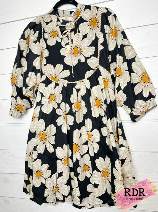 Black Long Sleeve Dress With Yellow & White Flowers