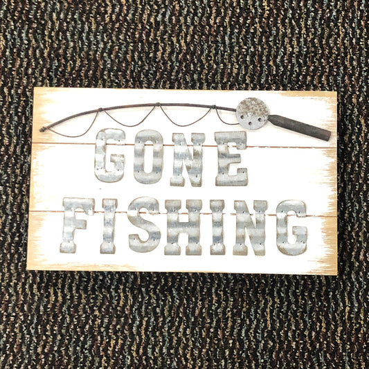 Gone Fishing Whitewashed Wood And Metal Sign