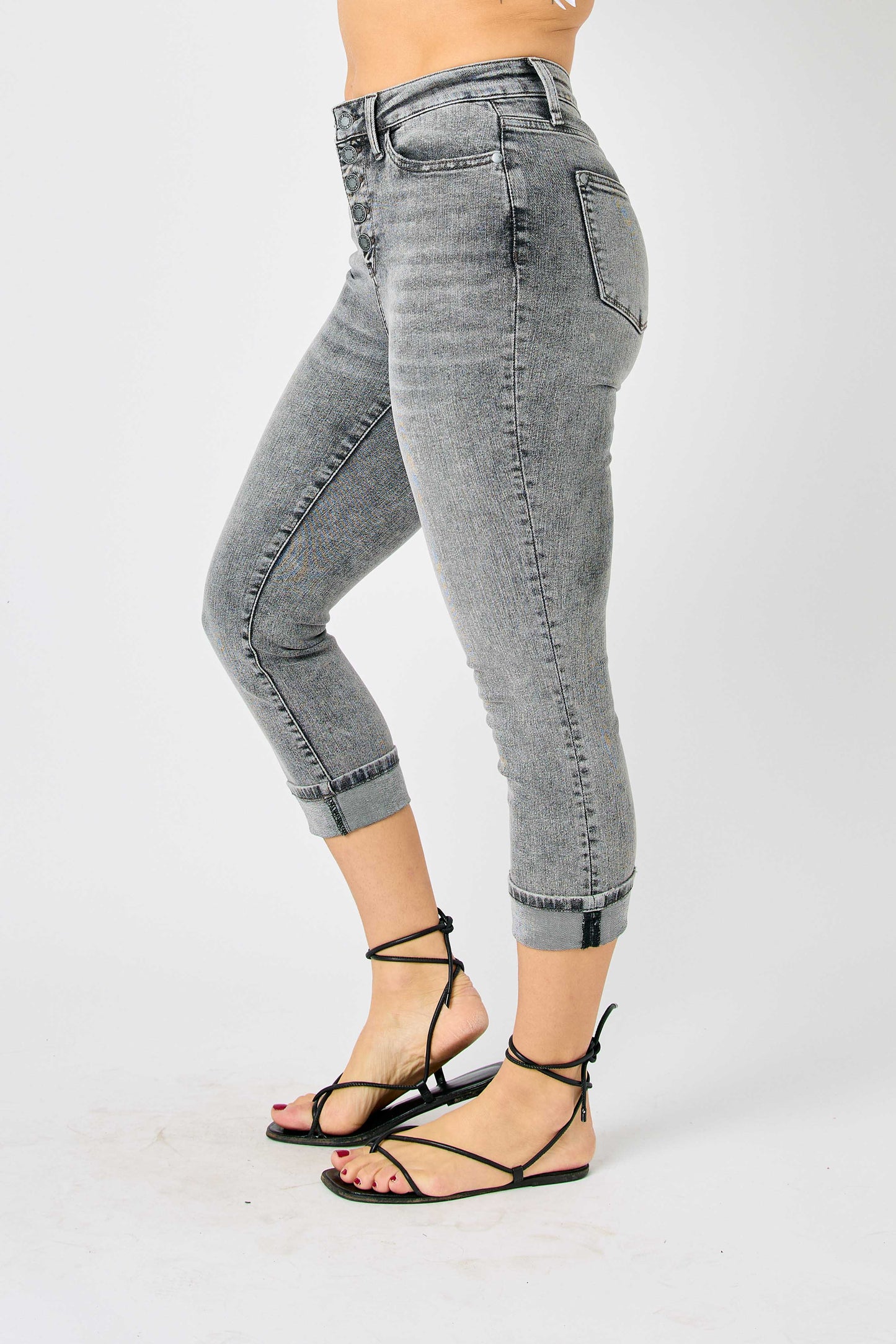 Judy Blue Grey High Waist Cuffed Button Fly Capri