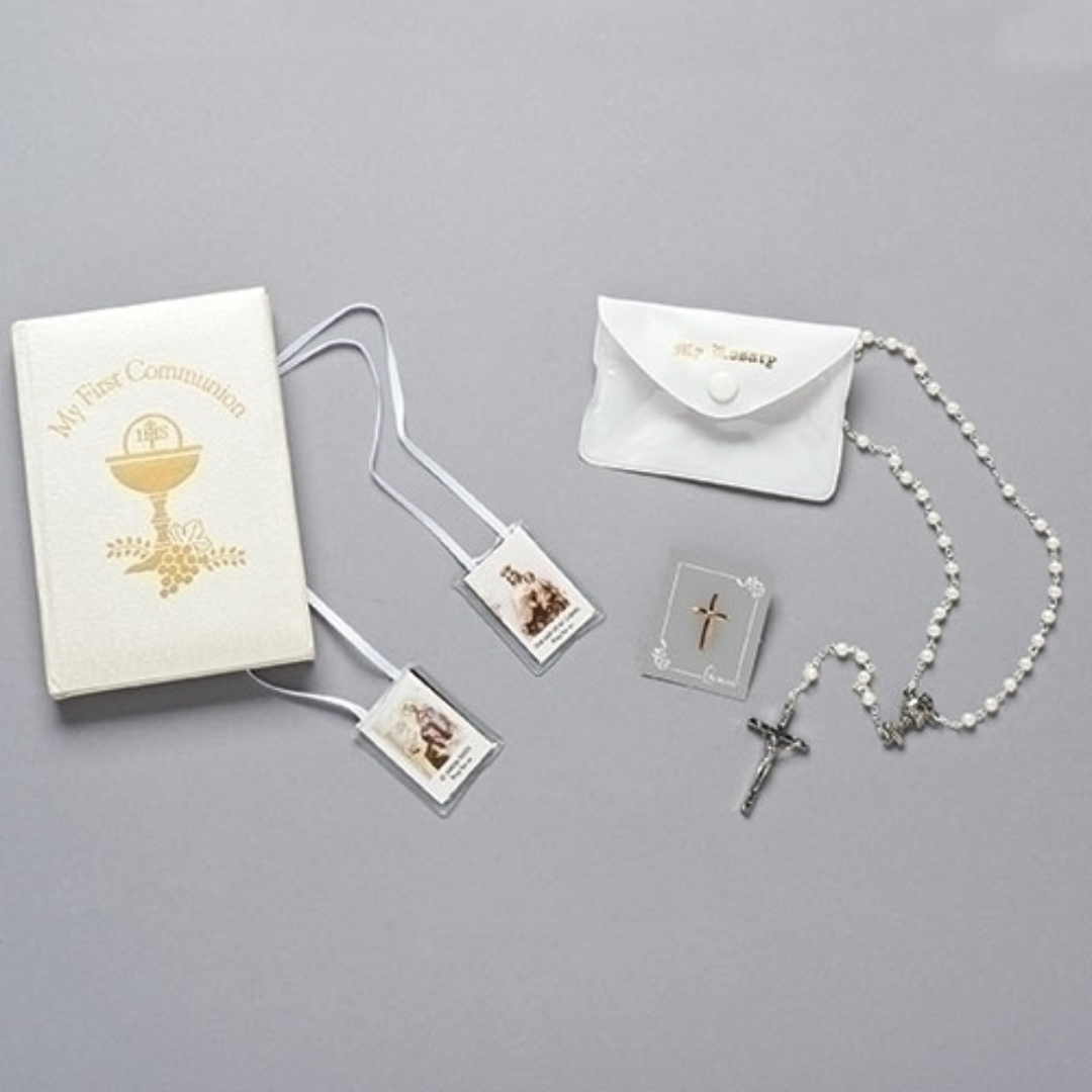 My First Communion Ivory Rosary Prayer Book Lapel Pin Deluxe Gift Set