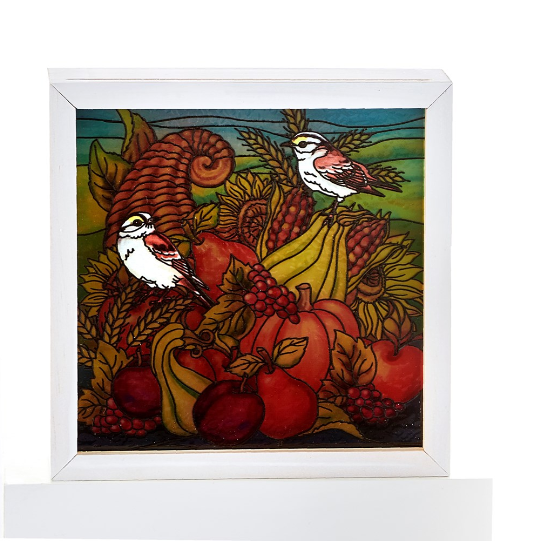 LED Stained Glass Light Box - Harvest Cornucopia & Birds