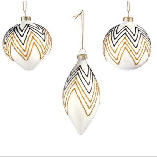 White Glass Ornament With Black & Gold Zig Zag Design