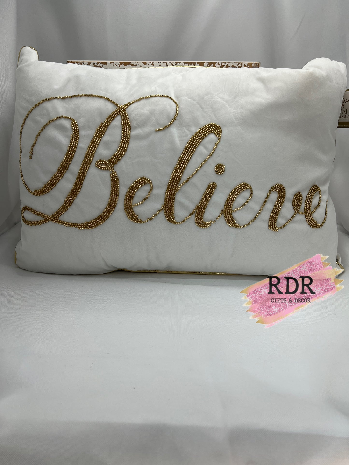 White Velvet Believe Beaded Pillow