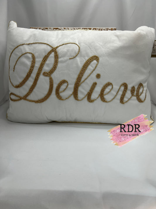 White Velvet Believe Beaded Pillow
