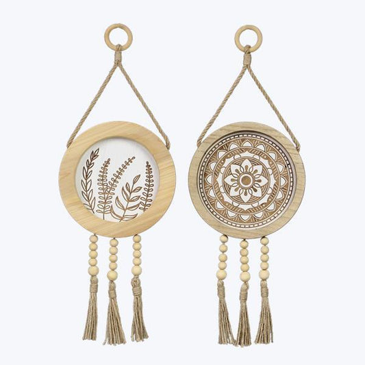 Wood Carved White Washed Beaded Tassel Wall Decor