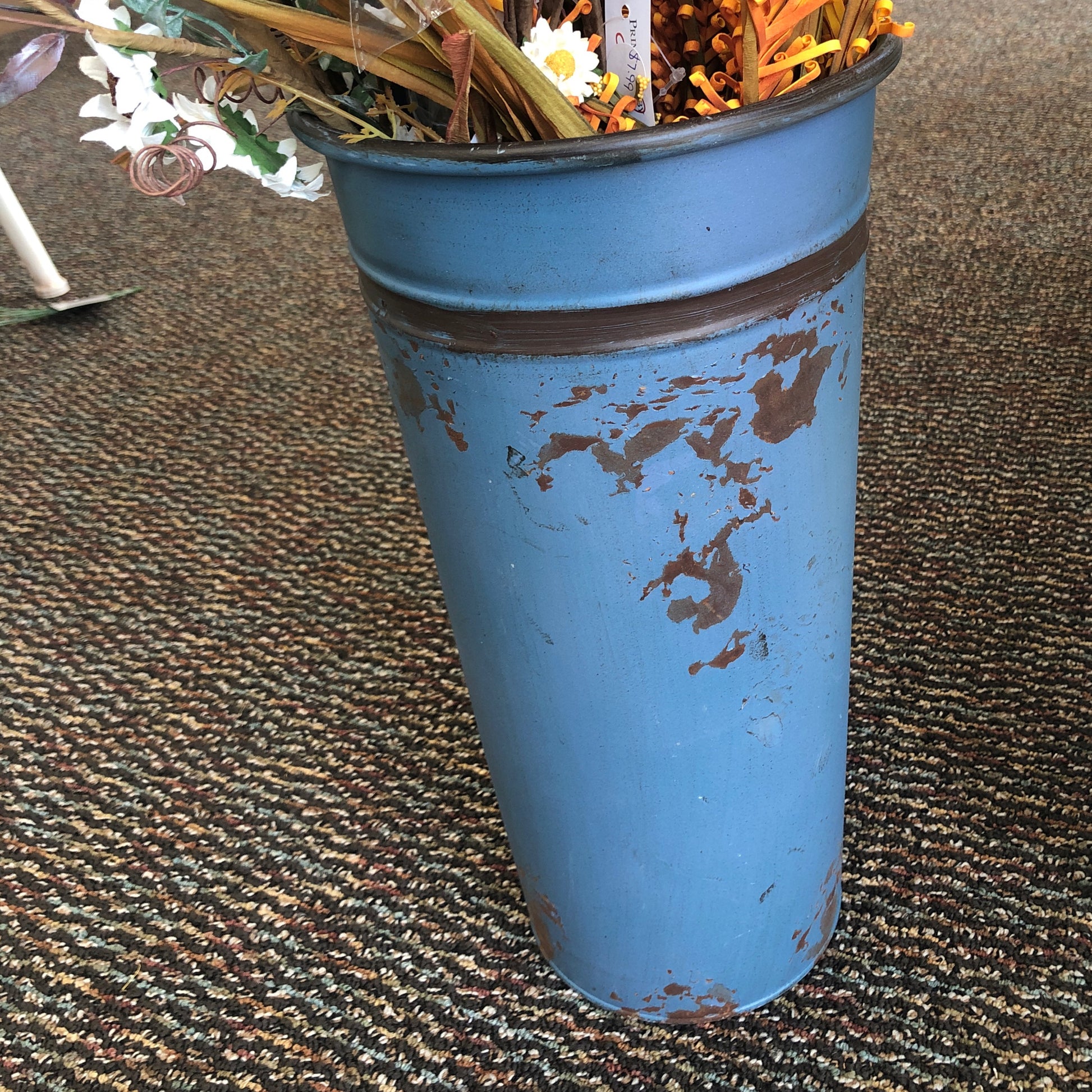 Large Blue Metal Flower Bucket