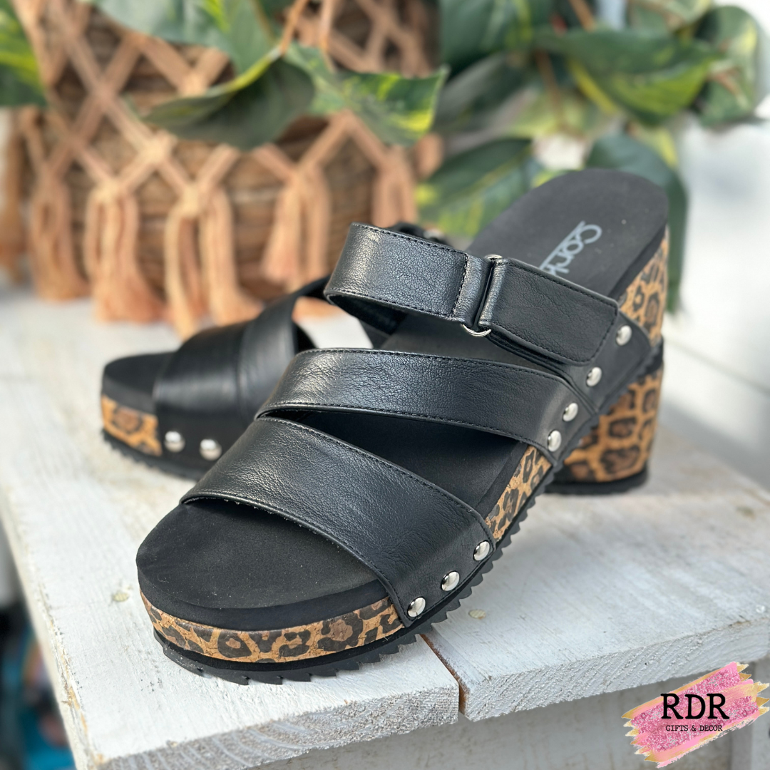 Corky's Voyage Black Smooth Leopard Wedge