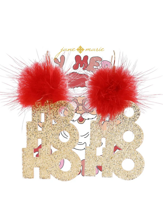 Gold Glitter Ho Ho Ho Earrings With Red Pom