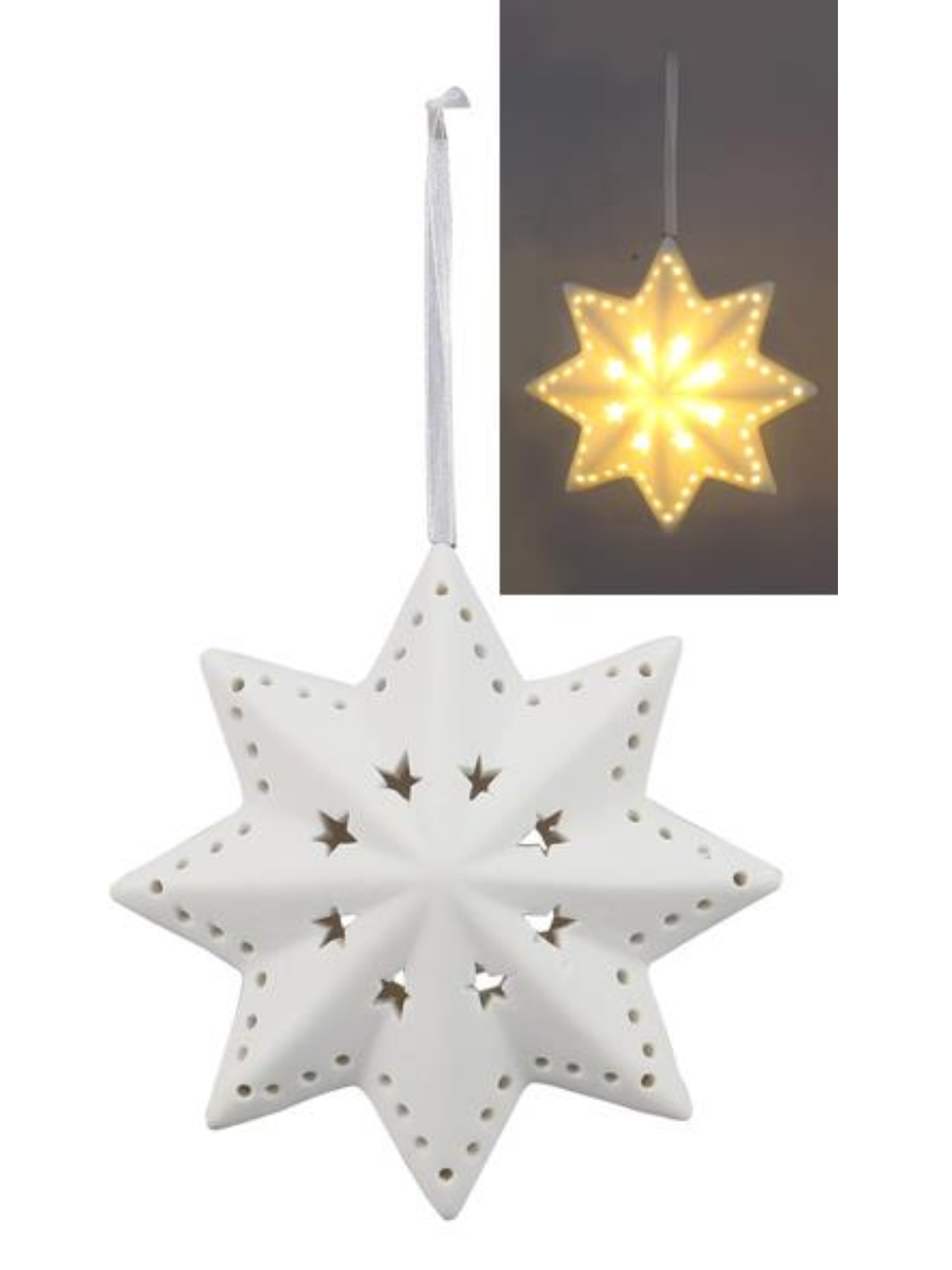 White Ceramic Christmas Star Shaped Ornament With LED