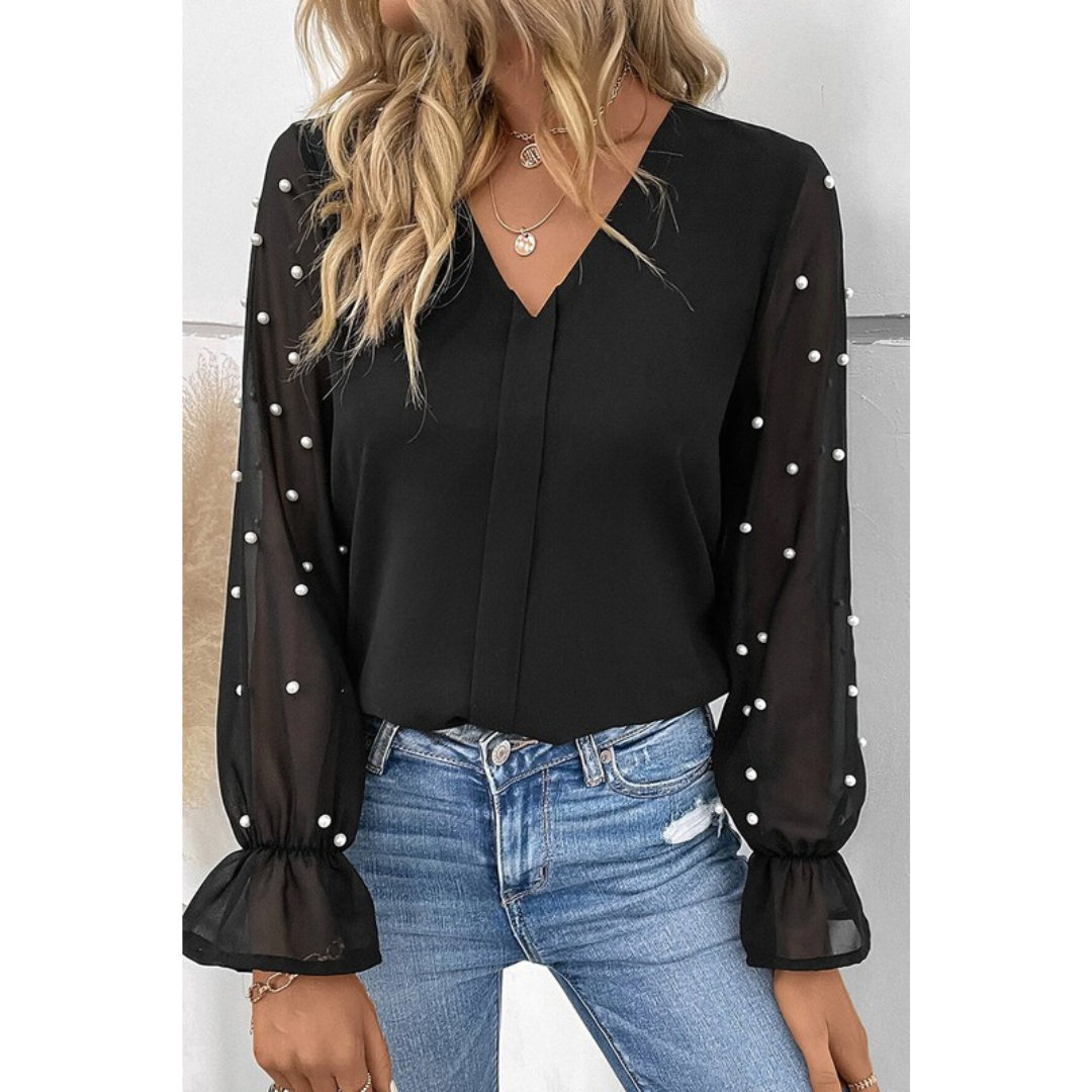 Black V Neck Blouse With Pearl Mesh Flounce Sleeves