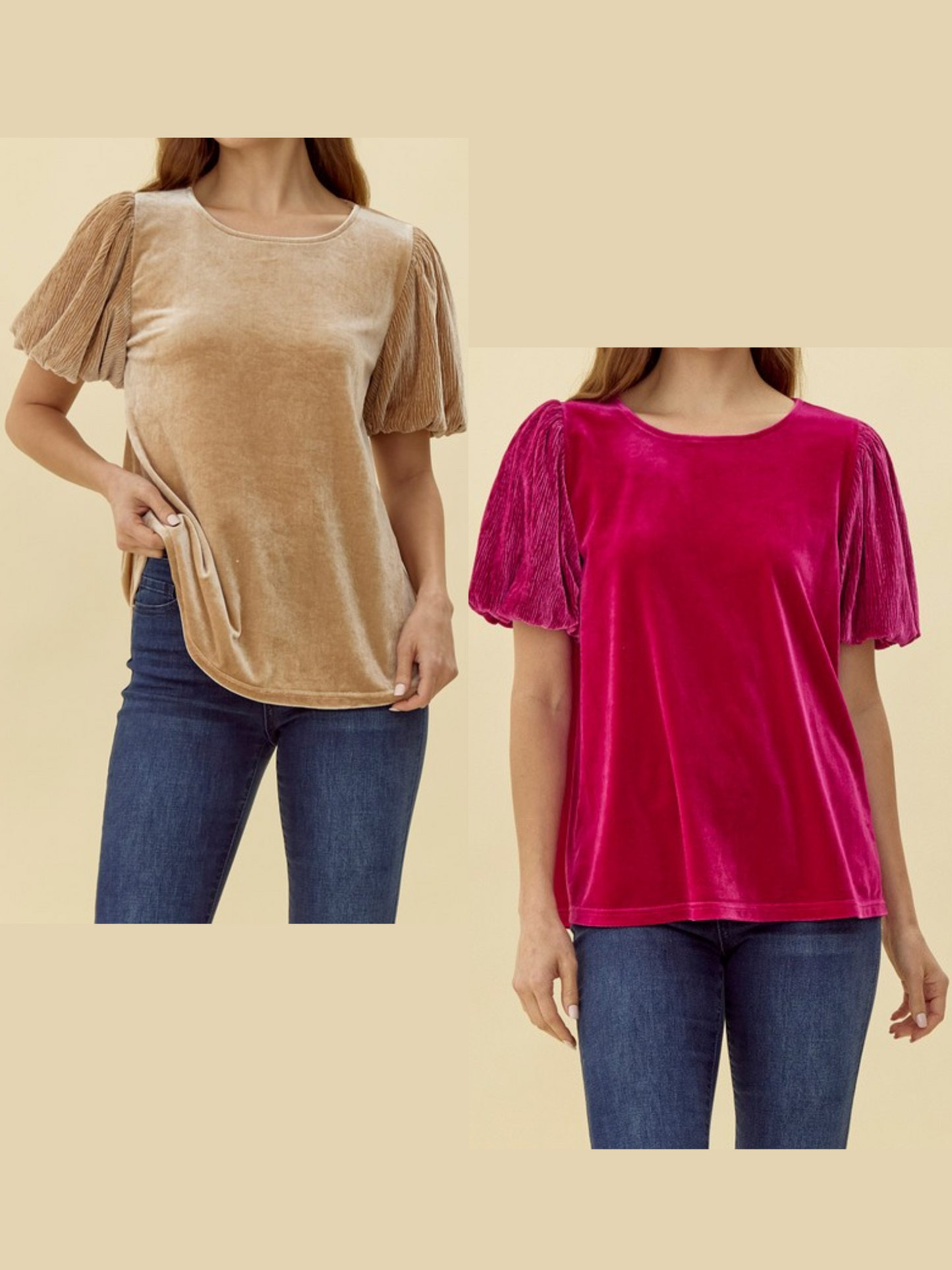 Velvet Wrinkle Short Puffed Sleeves Top