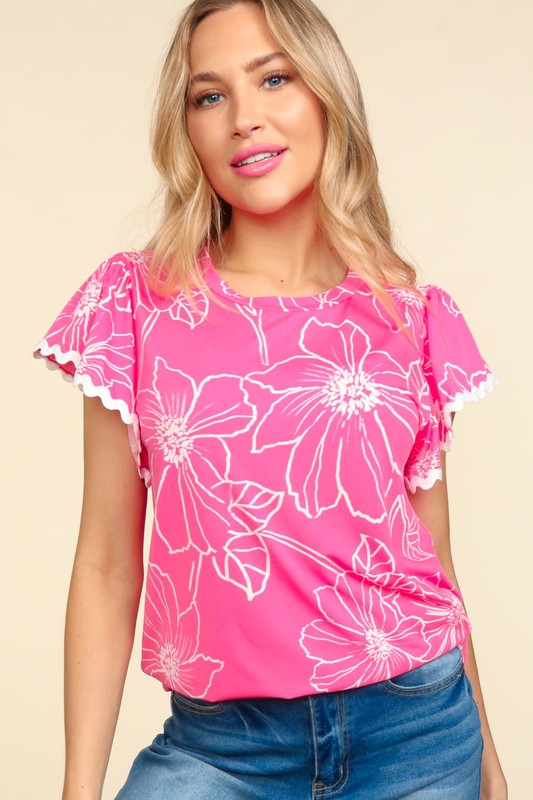 Large Floral Print Flutter Sleeve Top With Ric Rac Trim