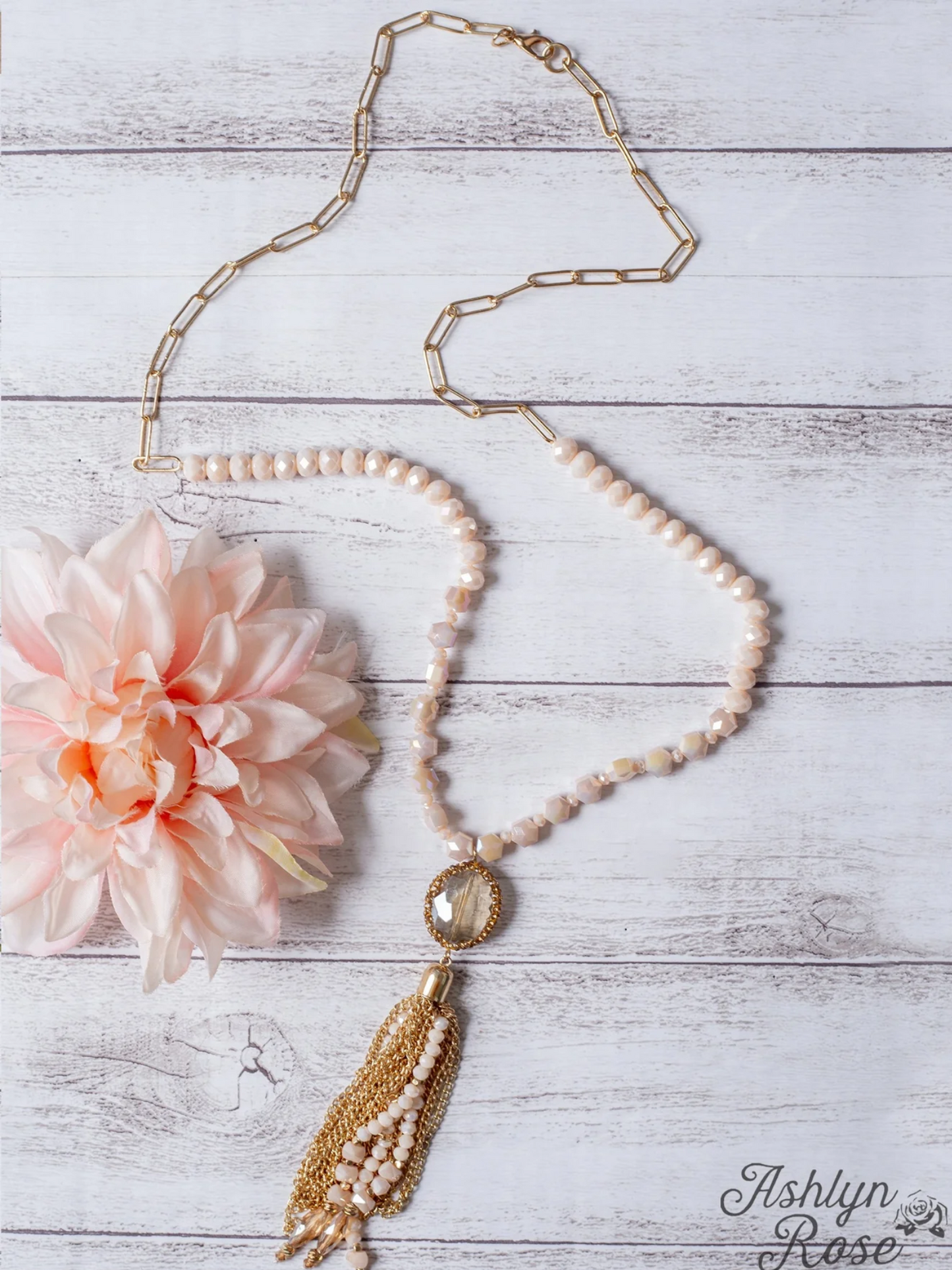 Clear Crystal Tassel Pendant On A Linked Chain Beaded Necklace