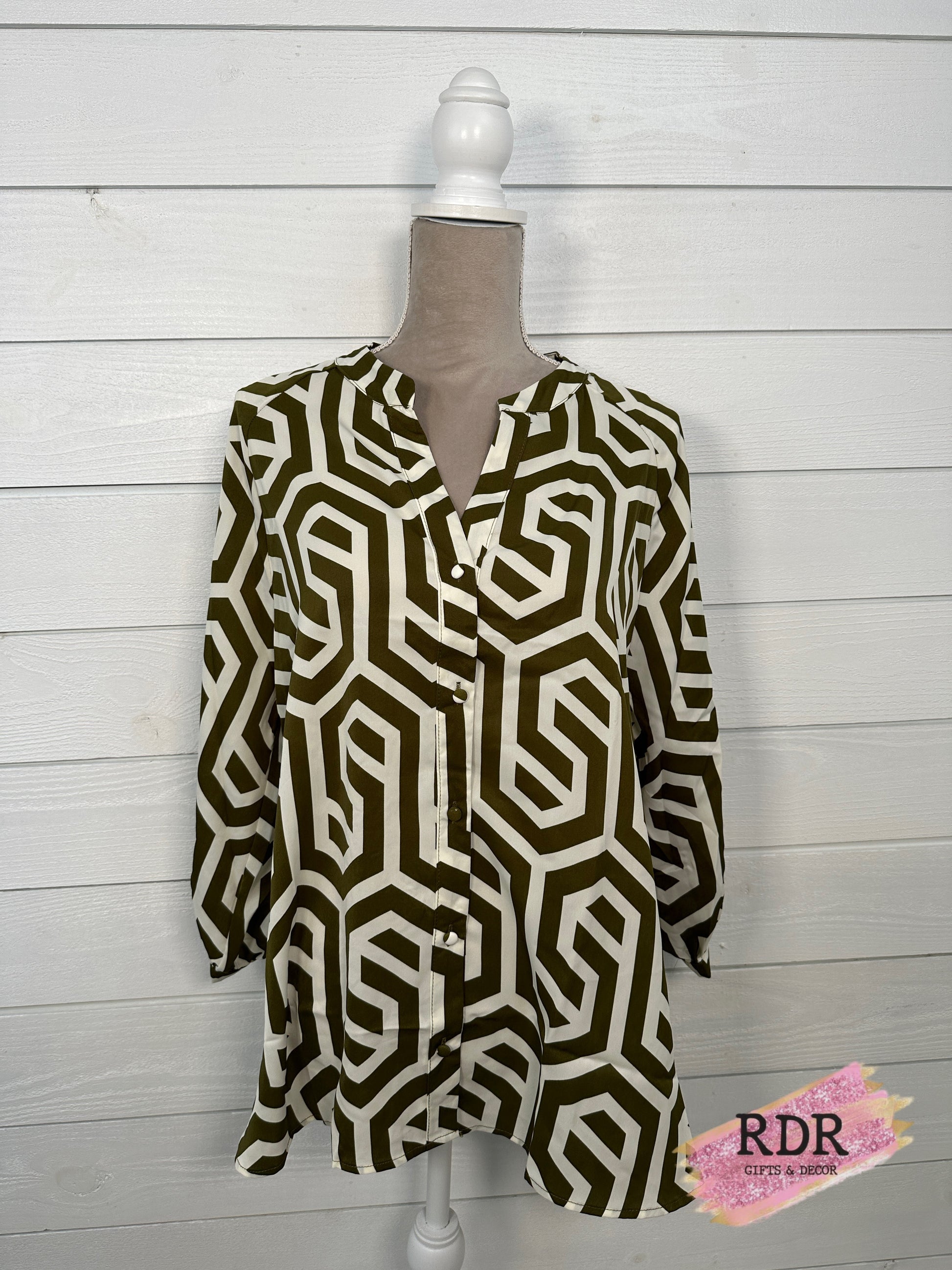 Olive & White Abstract Print Shirt With Front Buttons