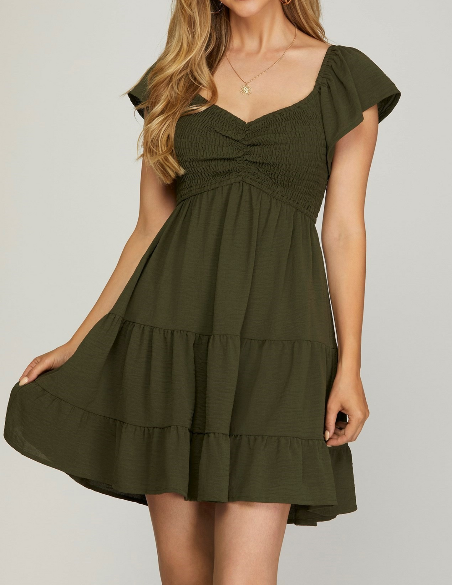 Olive Flutter Sleeve Dress With Sweetheart Neckline