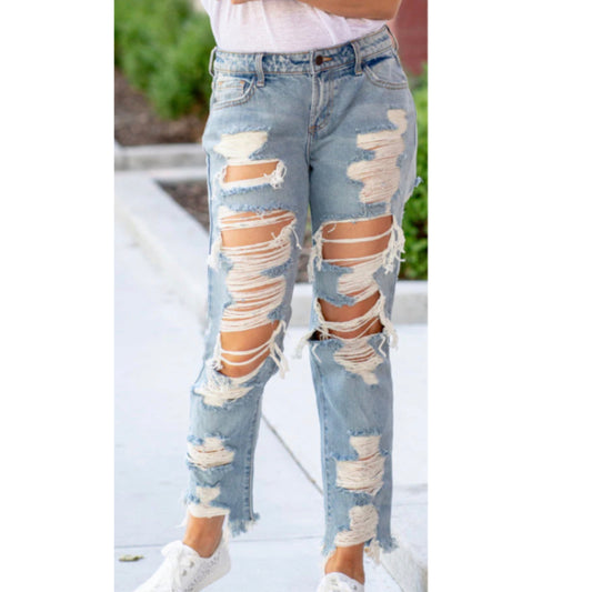 Cello Light Denim Mid Rise Heavy Destroy Raw Hem Boyfriend Jeans