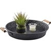 Round Black Floral Embossed Tray With Wood Handles