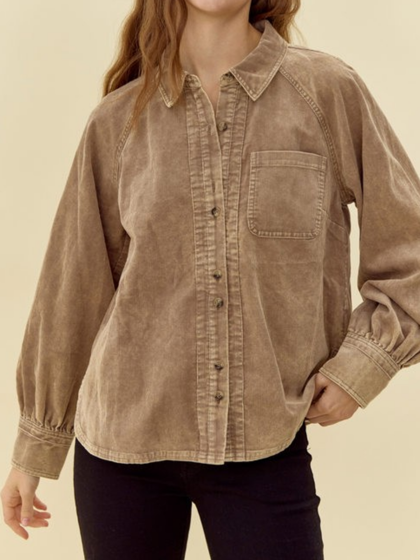 Lightweight Corduroy Button Up Top With Bubble Sleeves