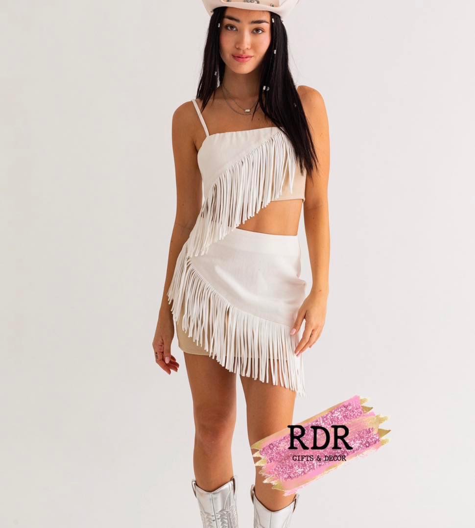 Concert White & Taupe Fringe Detail Skirt