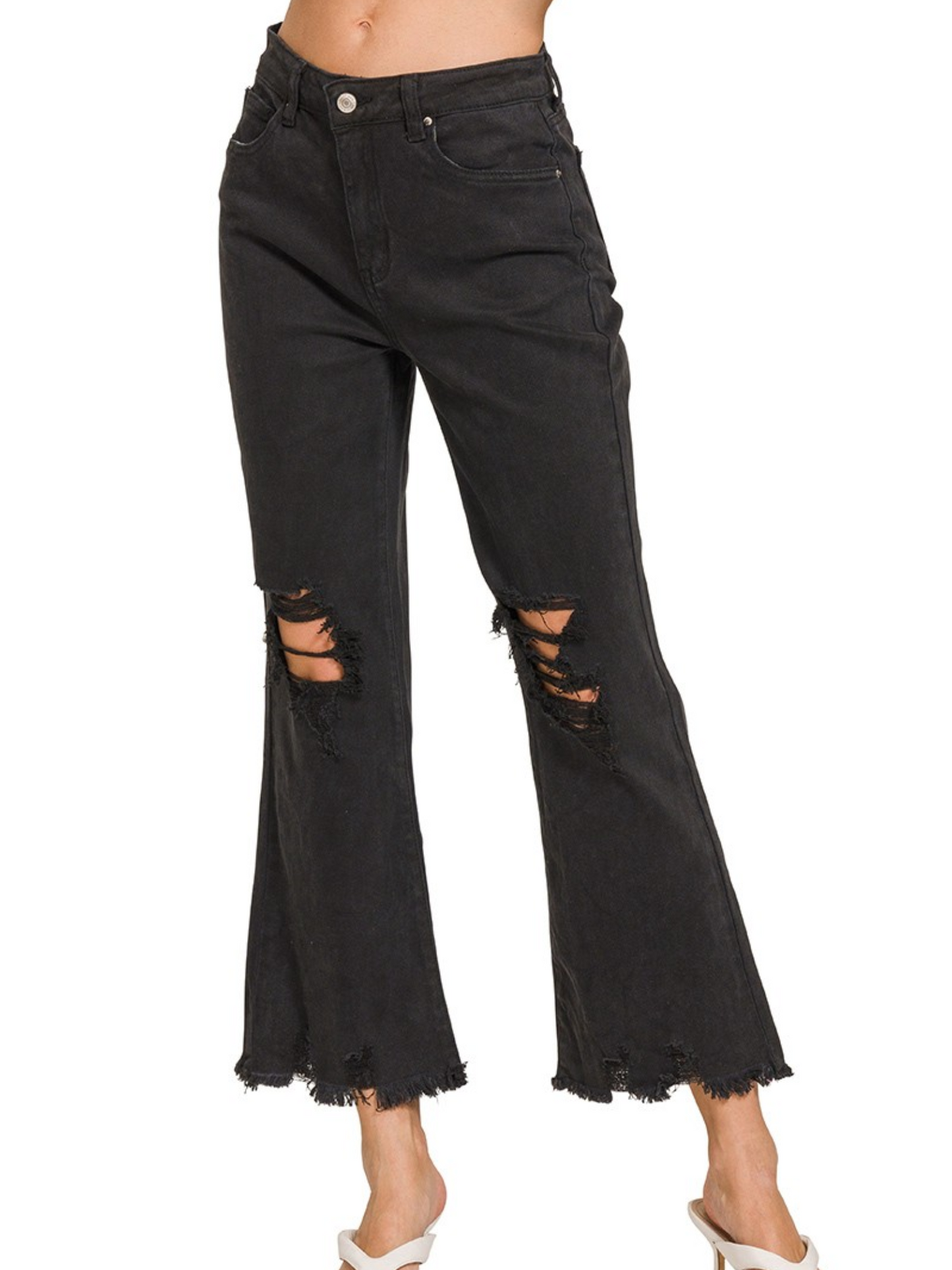 Acid Washed High Waist Distressed Straight Leg Cropped Pants