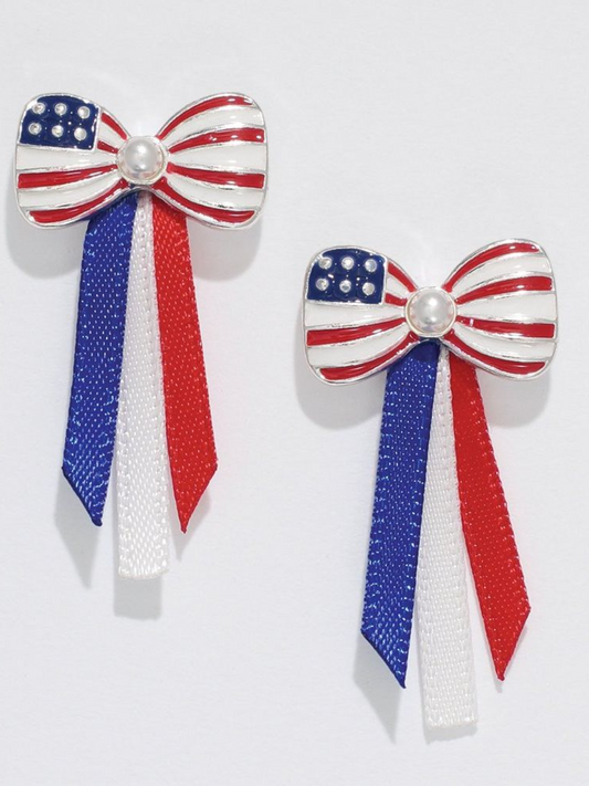 Patriotic Bow Stud Earrings with Pearl Center